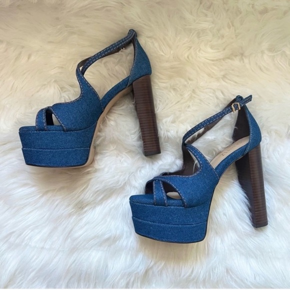 New! Schutz Latifah Denim Platform Block Heel Sandals in Blue - Picture 8 of 11